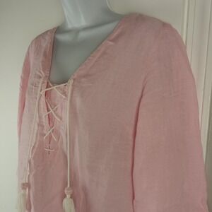 Tommy Bahama Shirt Womens Small Pink Linen Lace‎ Up Tunic Top Boho Tassel Beach